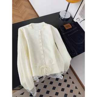 Vogue🌟พร้อมส่ง🌟 เสื้อแขนยาวไหมพรม คอกลม ดีเทลแต่งปลายลูกไม้ สีน่ารัก (V138)