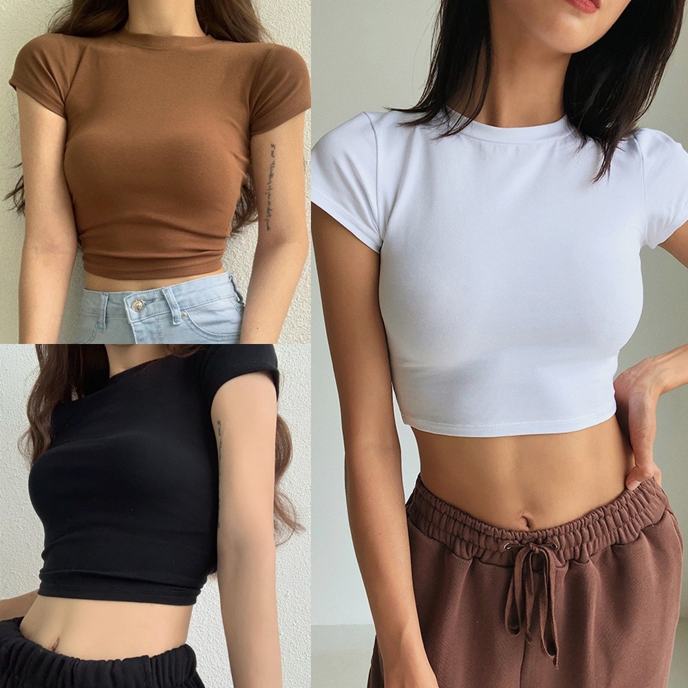 Bella ครอป แขนสั้นรัดรูปสีล้วนผู้หญิงเสื้อครอป y2k ตัดเอวสไตล์เซ็กซี่สตรีท
