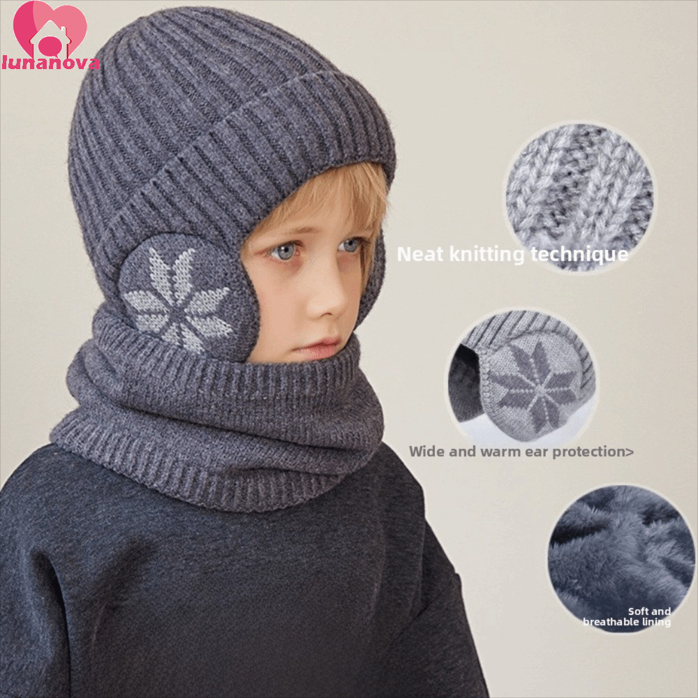 ชุดหมวกและผ้าพันคอสำหรับเด็ก LUNANOVA พร้อมพลาสช่าหูสีทึบ นุ่มนวลและอบอุ่น