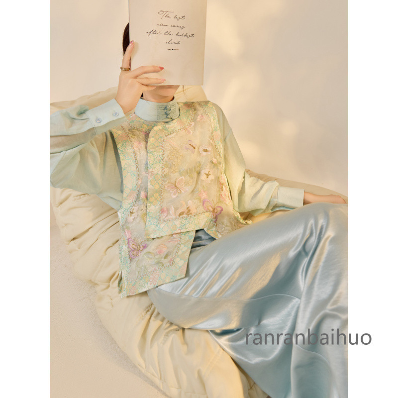 ~~ ใหม่สไตล์จีนแฟชั่นปักผ้าไหมหม่อนเสื้อกั๊กผู้หญิงต้นฤดูใบไม้ร่วงสไตล์จีนรอบคอแขนกุด ผ้าแจ็คการ์ด เ