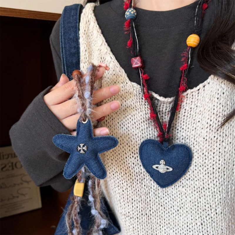 Reject monotony Denim ผ้ารักสร้อยคอดาวf Refuse monotony Denim Art รักสร้อยคอดาวหญิงหวานเย็นเชือกถักไ