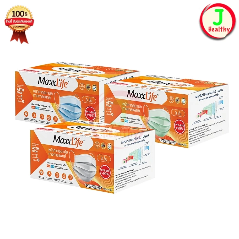 Maxxlife Mask หน้ากากอนามัย ทางการแพทย์ 3 ชั้น (1 กล่อง 50 ชิ้น)