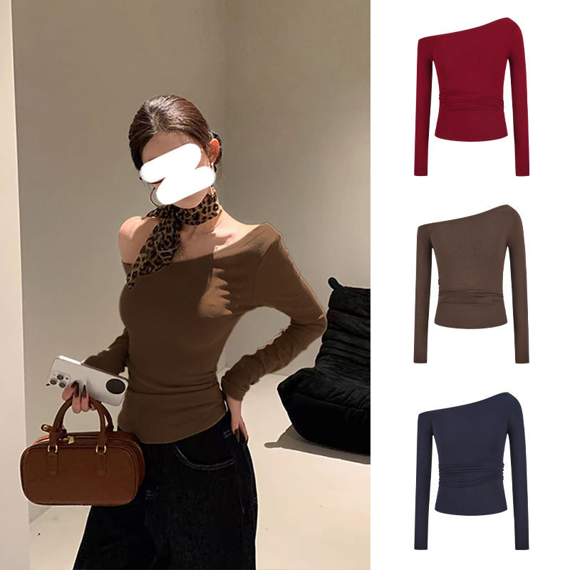 Moses Queen/魔西女王感辣妹风斜肩t恤女长袖修身紧身显瘦上衣Moses Queenhuyulian2.th20251009