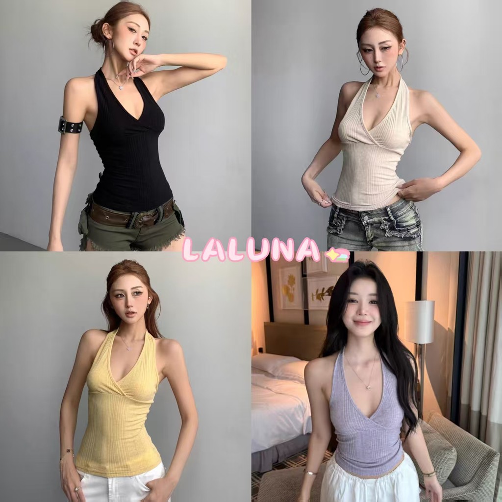 Lln🍑พร้อมส่ง🍑 เสื้อกั๊กคอวีแขนกุดสุดเซ็กซี่สำหรับผู้หญิงในช่วงฤดูร้อนปี 2025 เสื้อถักสั้นเข้ารูปแบบใหม่