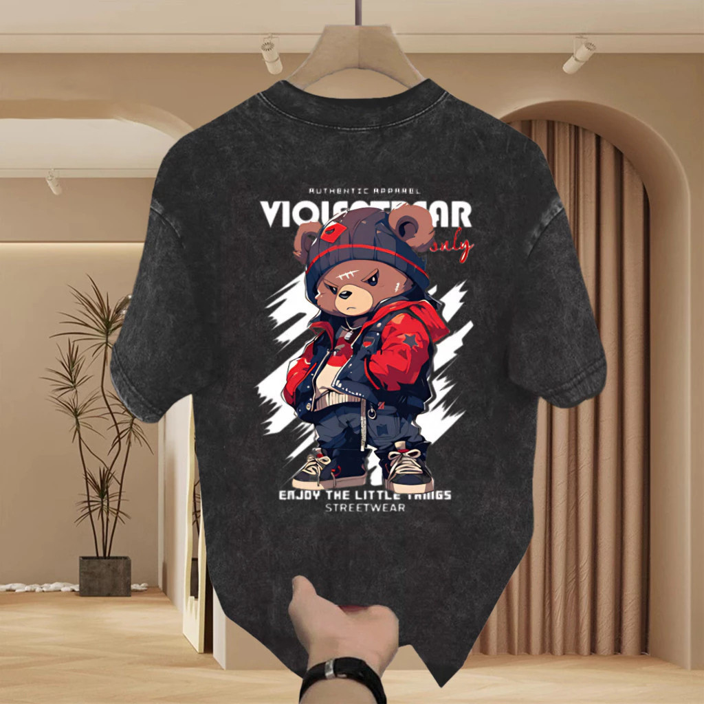 TeeTwoOneเสื้อสีดําoversizeสตรีทแฟชั่น สบายและนุ่ม แขนสั้น 'VIOIENTBEAR' ผ้าCotton 100% สไตล์ลำลอง【COD】