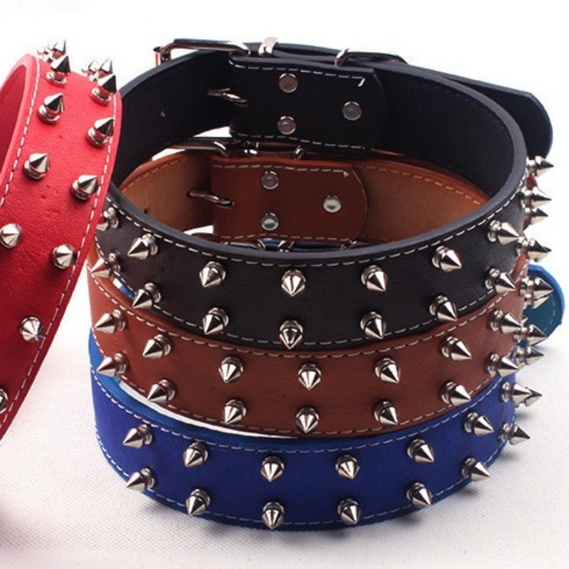 Studded punk style pet collar for medium and large dogs with PU leather and metal spikes.