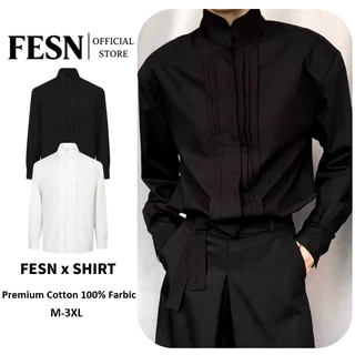 🖤Stand Collar Pleated Shirt เสื้อเชิ้ตผู้ชายคอจีนพับร่อง ผ้าคอตตอน100% แขนยาวสไตล์เรียบหรู มี2สี ดำ/ขาว Size M-3XL