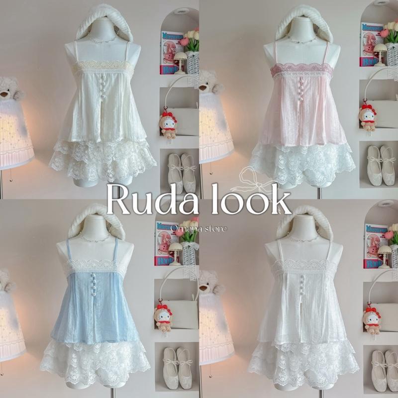 Ruda heart look สายเดี่ยวกระดุมหัวใจ กางเกงลูกไม้ (มีแยกขาย)