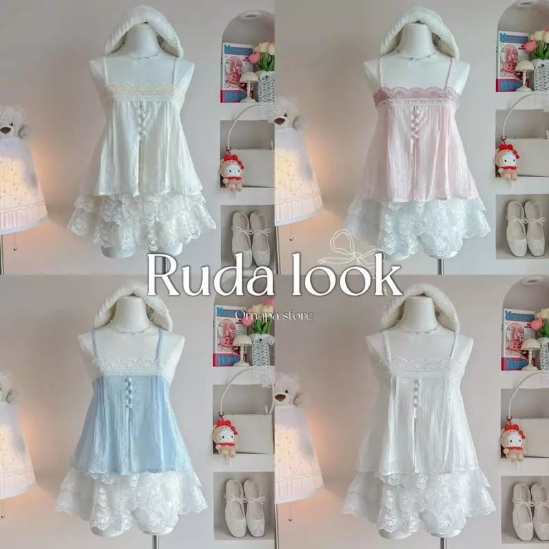Ruda heart look สายเดี่ยวกระดุมหัวใจ กางเกงลูกไม้ (มีแยกขาย)