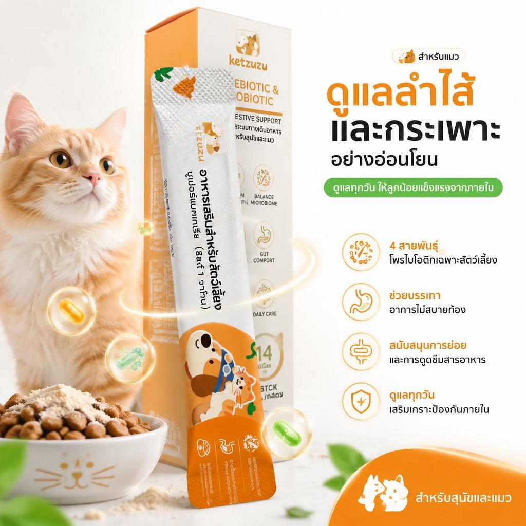 Ketzuzu 12/24 แพ็ค อาหารเสริมแมว อาหารเสริมแมวให้อ้วน โปรไบโอติกผง ช่วยลำไส้ดี รับสารอาหารดีขึ้น 14g