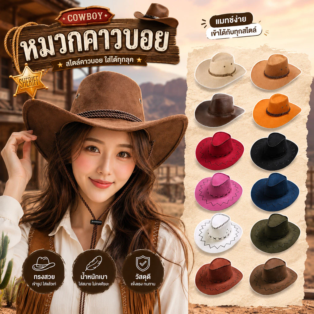 พร้อมส่ง ส่งของทุกวัน หมวกคาวบอย หมวกวินเทจ ไซส์เด็ก-ผู้ใหญ่ มีหลายสี