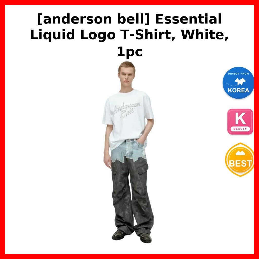 แฟชั่น [anderson bell] เสื้อยืดโลโก้ของเหลวที่จําเป็น สีขาว 1 ชิ้น / เสื้อยืดเกาหลี / การออกแบบโลโก้