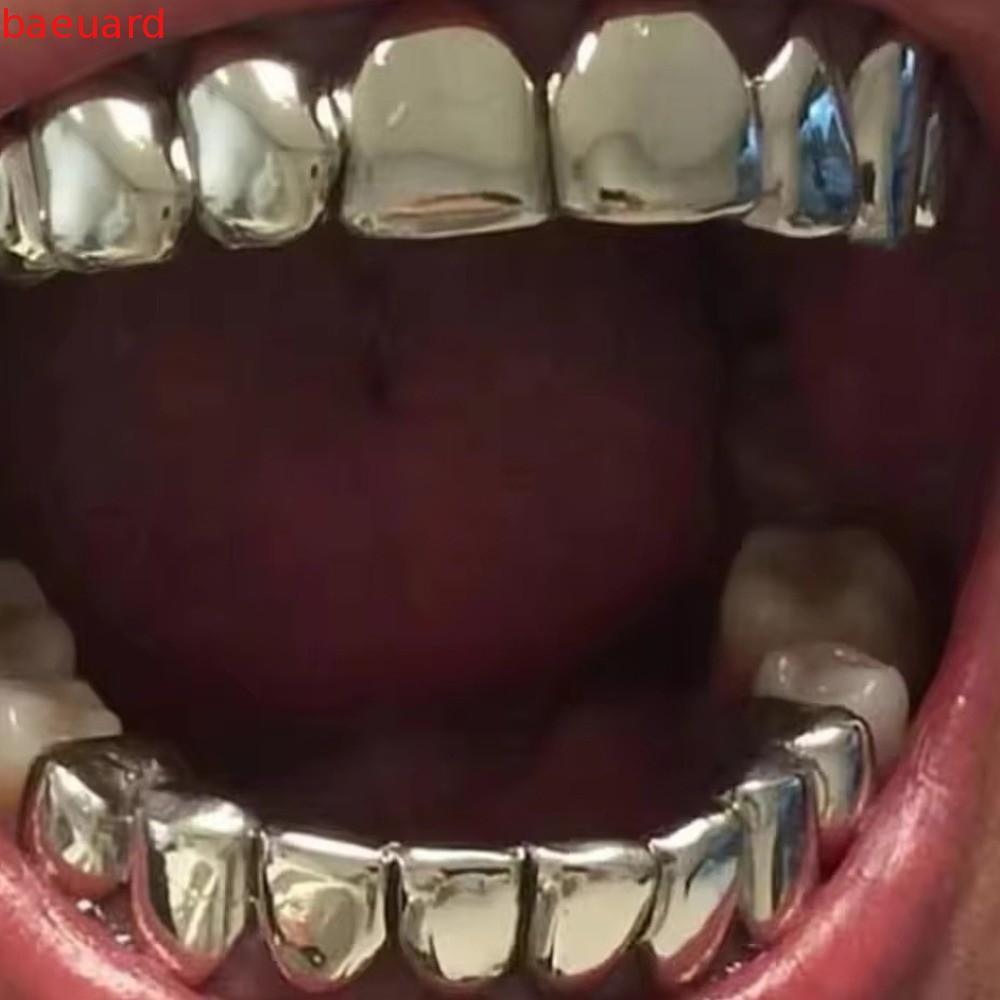 BAEUARD ฟัน Grillz ชุดด้านล่างด้านบน, Glossy Anti Slip ฟัน Grillz Caps, แฟชั่นเงินเงาทองฟันเครื่องปร