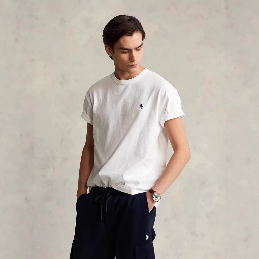 OVL5 RL/ss Classic Basic Pony Label ปักธรรมดาสานถักผ้าฝ้ายรอบคอแขนสั้นเสื้อยืด