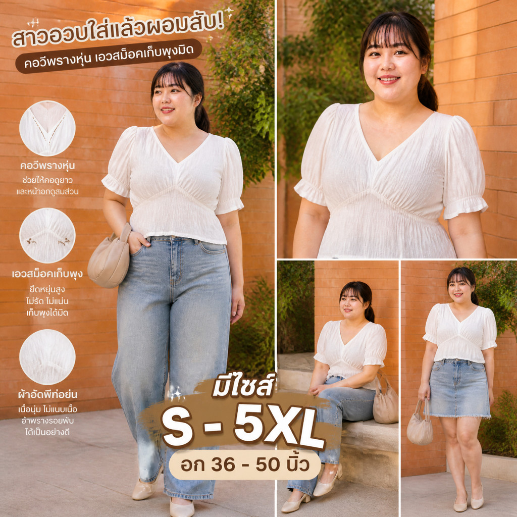 เสื้อคอวีสาวอวบ S-5XL ทรงสวย สม็อคหลัง ผ้าพลีทยืดหยุ่นทิ้งตัวสวย อำพรางหุ่นสับมั่นใจเต็มร้อย