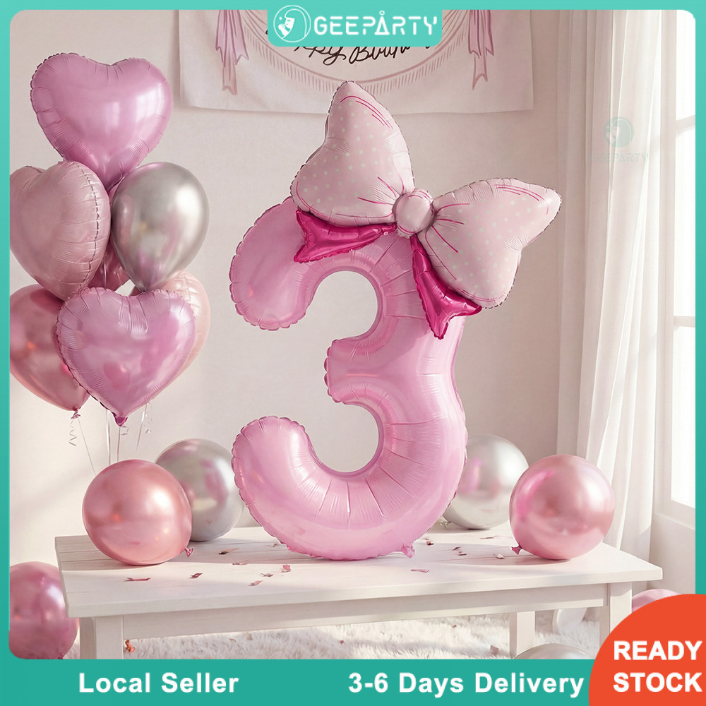 GeeParty ลูกโป่งฟอยล์ตัวเลขสีชมพู 32 นิ้ว พร้อมโบว์ ชุดลูกโป่งวันเกิดธีมเด็กผู้หญิง ของตกแต่งงานปาร์ตี้ พร็อพถ่ายรูปน่าร