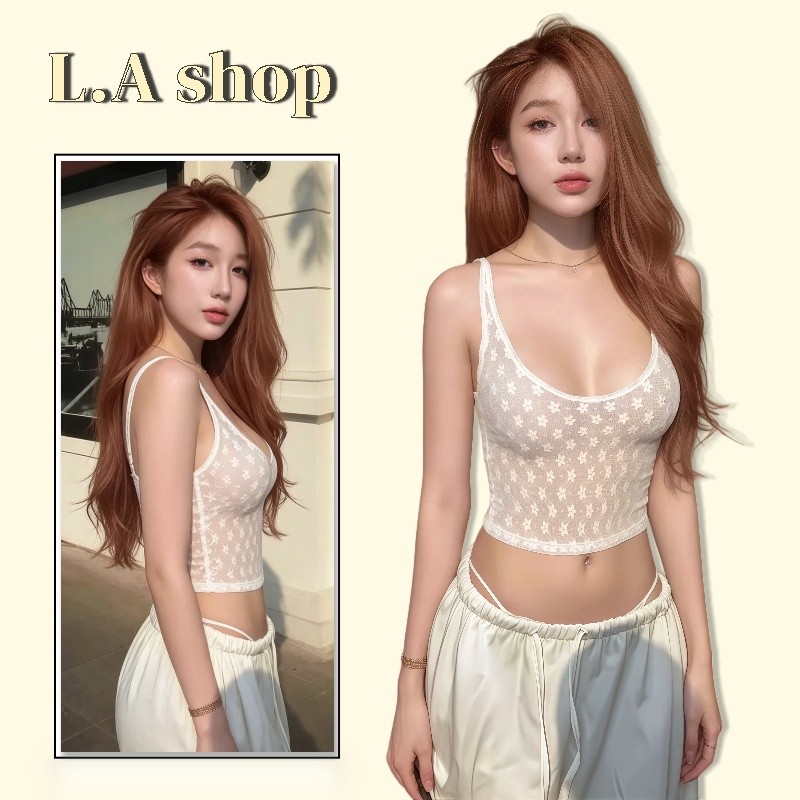L.A Shop★พร้อมส่ง เสื้อสายเดี่ยวทรงครอป ตาข่ายโปร่งใส ทรงรัดพอดี สไตล์หวานเซ็กซี่-FY5223