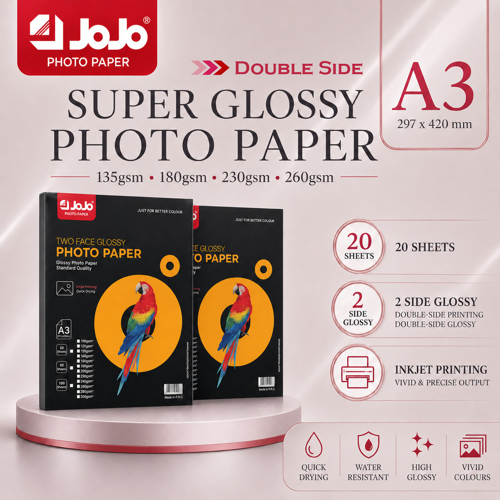 [A3 DOUBLE SIDE GLOSSY] 20S JOJO WATER RESISTANT SUPER GLOSSY PHOTO PAPER (135-260gsm) INKJET PRINTING PHOTO PAPER