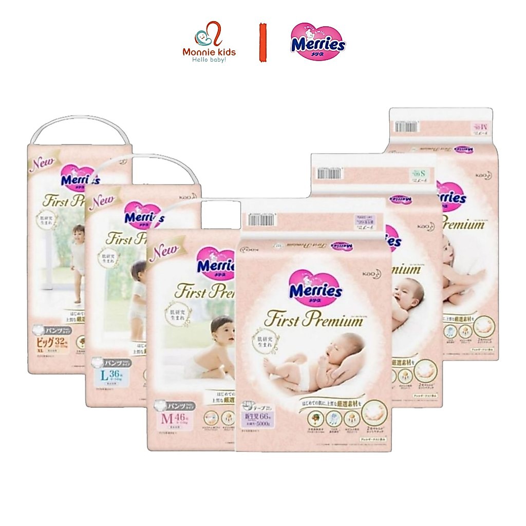 Merries ผ้าอ้อมและกางเกง First Premium สําหรับทารกแรกเกิด NB66, S60d, M48d, L36q, XL32q - Monnnie Ki
