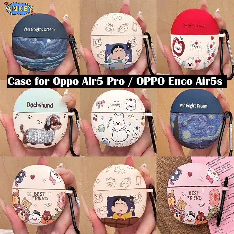 Suitable for OPPO Enco Air5s Bluetooth Earphone Protective Case Oppo Air5 Pro Cute Cartoon Water Sticker Pattern Protective Case with Hook