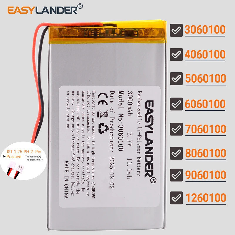 JST MX1.25mm 2Pin 6060100 3.7V 5000mAh แบตเตอรี่ลิเธียมโพลิเมอร์ Li-ion 3060100 4060100 5060100 7060