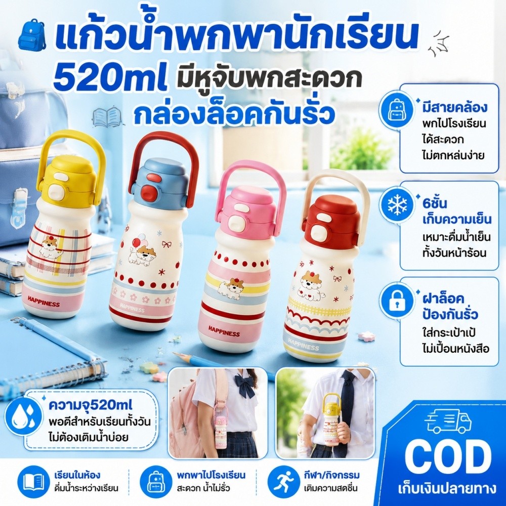🎒 520ml316 วัสดุความปลอดภัยสแตนเลสด้วยเชือก + ฟาง 6 ชั้นฉนวนกันความร้อน COD