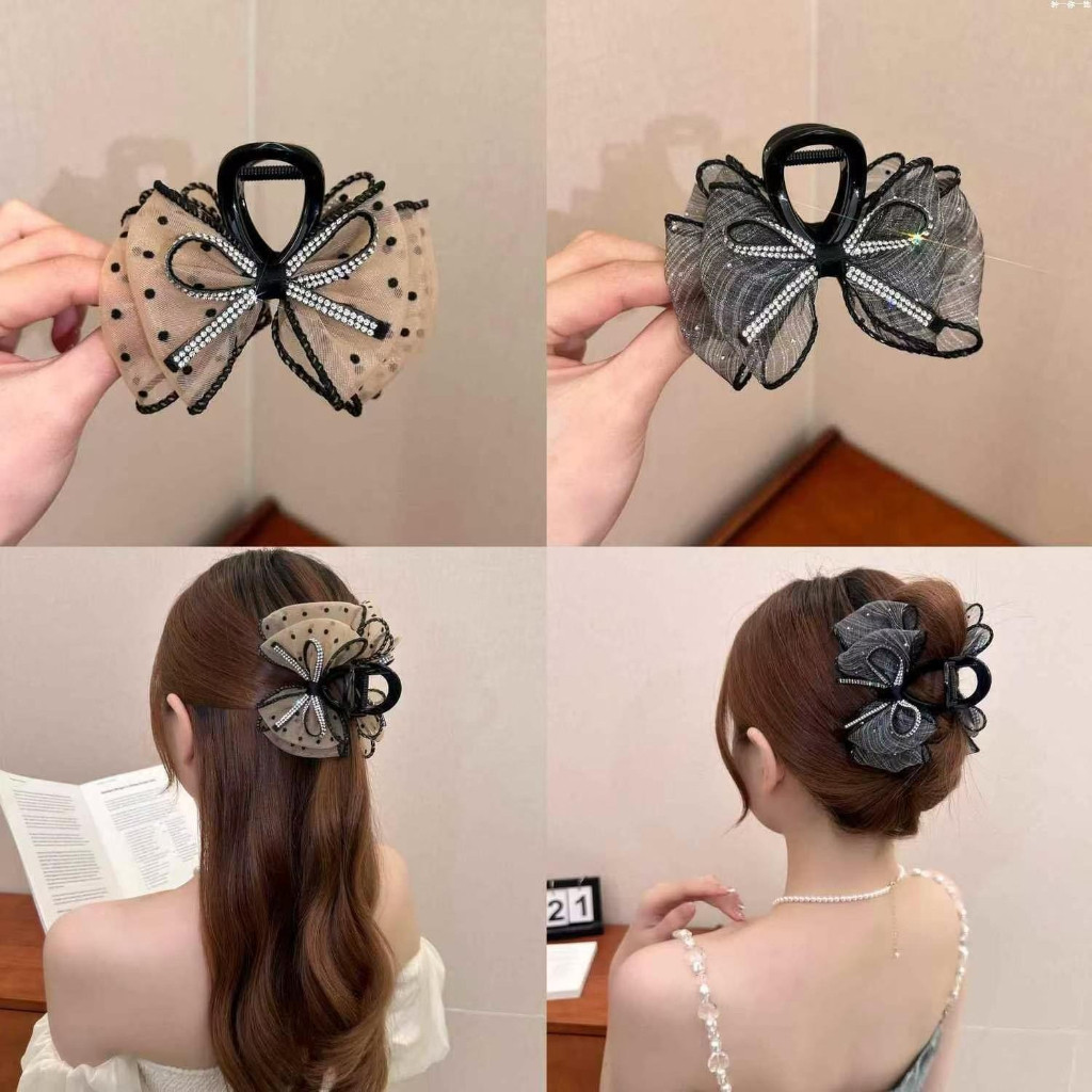 ผู้หญิง Rhinestone Polka Dot ตาข่ายโบว์ผม Claw คลิปฉลามยืดหยุ่นสูงคลิปสําหรับ Updo ครึ่งผมหางม้า Elegant ทุกวันอุปกรณ์เสริม