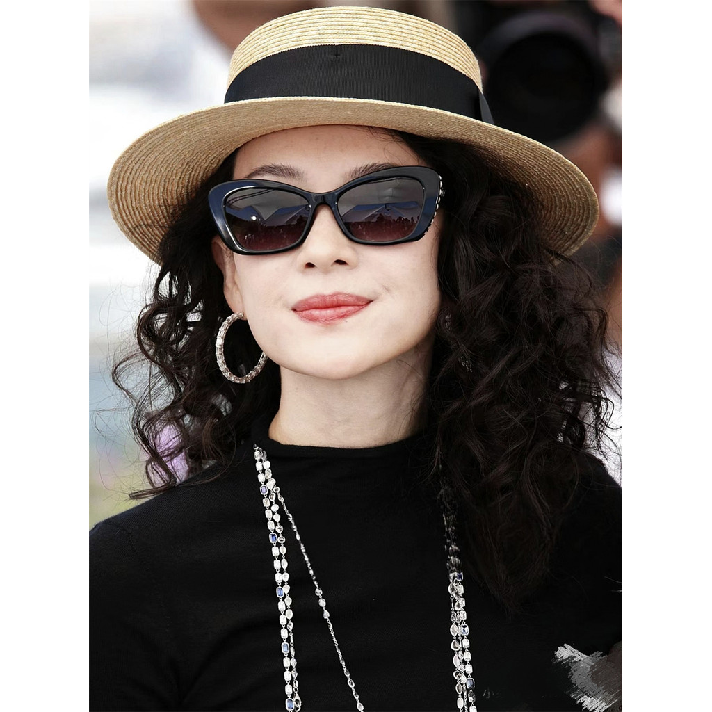 Zhang Ziyi สไตล์เดียวกันแบนหมวกฟางผู้หญิงฤดูร้อนหมวกกันแดดกันแดดหรูหรา Classy Seaside Beach หมวก
