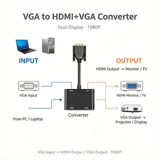 VGA เป็น HDMI อะแดปเตอร์แยก และ VGA พร้อมเสียง 3.5 มม. รองรับจอแสดงผลคู่