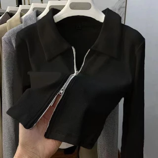 เสื้อครอปคอปกโปโล ซิปคู่ สไตล์เกาหลี สําหรับผู้หญิง สีพื้น แขนยาว เสื้อยืดพื้นฐาน