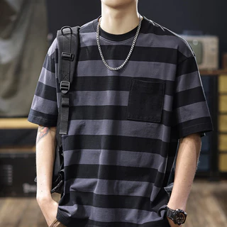 BECoolMan แขนสั้นผู้ชาย แถบ ถนนลม ตกแต่งกระเป๋า เทรนด์ที่หลากหลาย