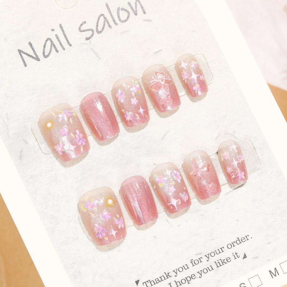 เล็บปลอมทรงสี่เหลี่ยมสั้น Pink Cat Eye Design Dreamland ฟรีกาว
