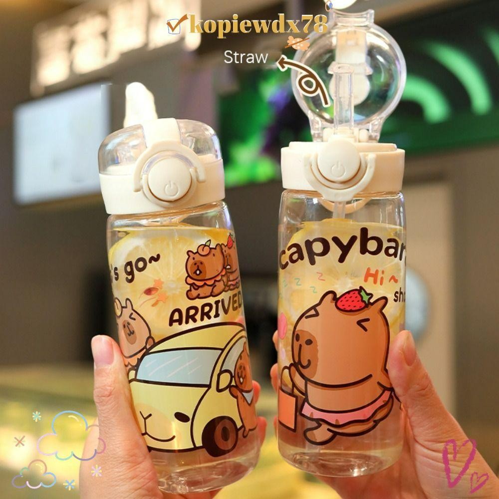 KOPIEWDX78 Capybara ขวดน้ําฟาง,โปร่งใสแบบพกพาถ้วยน้ําเด็ก,การ์ตูน 400ML ถ้วยเครื่องดื่มป้องกันการรั่วโฮมออฟฟิศ