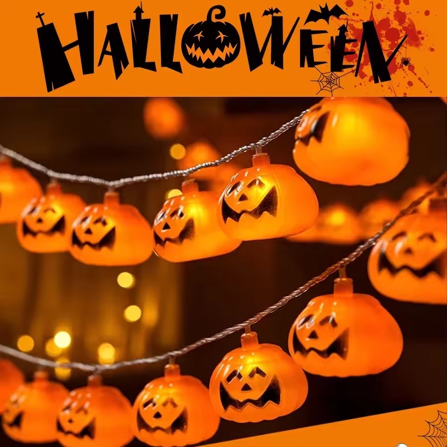 3D Pumpkin String Light Halloween Home Bar Party Decor - พร้อมไฟ LED ฟักทองสีส้ม 16 ชิ้น - แบตเตอรี่ขับเคลื่อน