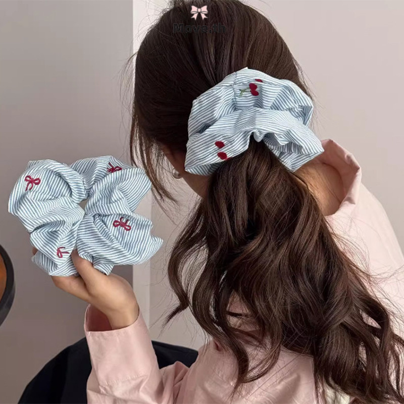 ในไทย-พร้อมส่ง✨ยางรัดผมโบว์เชอร์รี่หวาน ลายทางสีน้ำเงิน เชือกคาดผมทรงหางม้าสำหรับเด็กผู้หญิง-Move