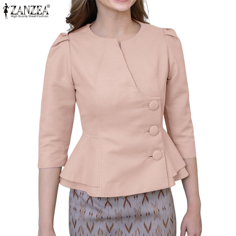 ZANZEA เสื้อผู้หญิง สไตล์เกาหลี แขนสาม_quarter ปุ่มลง มีระบายริบบิ้น