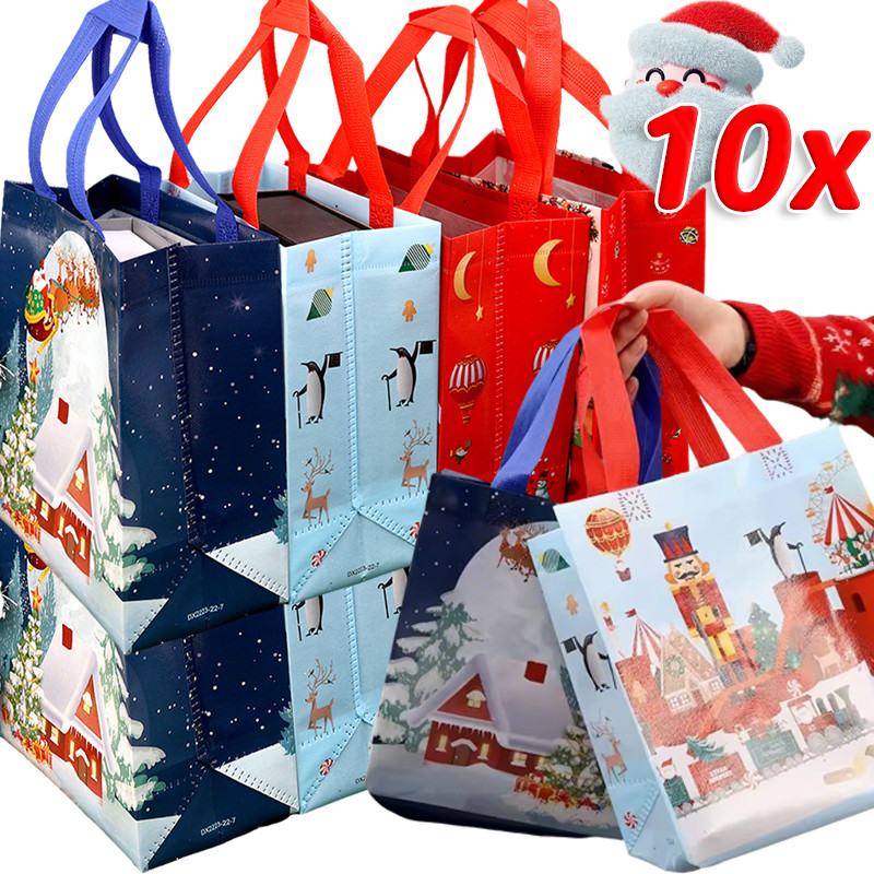 3/5/10 ชิ้นเป็นมิตรกับสิ่งแวดล้อมReusable Christmas Toteกระเป๋า-Santaพิมพ์ไม่ทอบรรจุภัณฑ์ของขวัญPouches Party Supplies