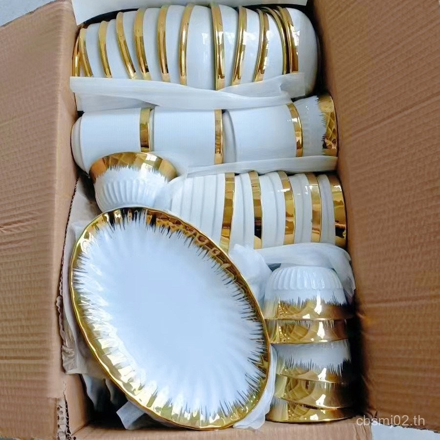การค้าต่างประเทศขายดีสไตล์ Gold-Painted สินค้าคงคลังเซรามิคขายส่ง Gold-Plated Hotel Tableware ขายส่ง