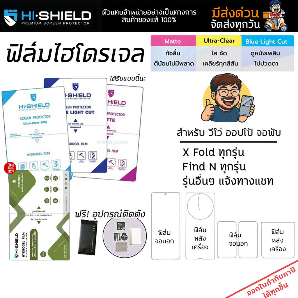 Hishield ฟิล์ม ไฮโดรเจล จอนอก จอใน Film ใส ด้าน ถนอมสายตา ใช้สำหรับ Vivo X Fold 5 Fold 3 Pro OPPO Fi