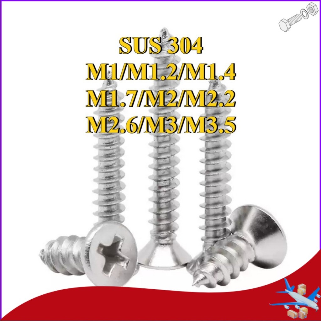 น็อต สกรู หัวเตเปอร์ แฉก F+ สแตนเลส 304 เกลียวปล่อย  / Flat Head Phillip Tapping Screw SUS304 M1/M1.