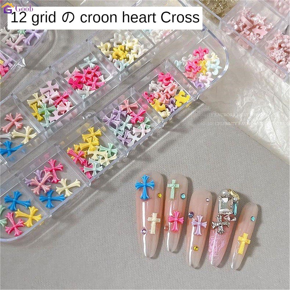 เครื่องประดับตกแต่งเล็บ Kro Heart 12 ช่อง สีโดปามีน ผสมไม้กางเขน 6 ดาว เพชรตกแต่งเล็บ 【goob】
