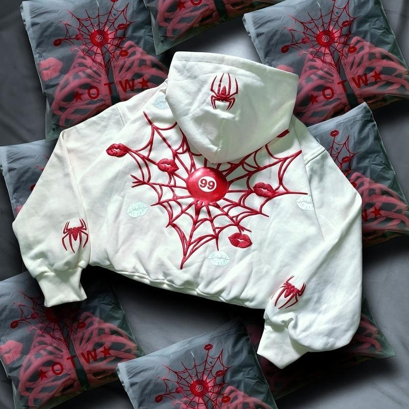 Spider Motif Zipper Hoodie พรีเมี่ยมสะท้อนแสง Dtf พิมพ์หน้าจอผู้ชายและผู้หญิง Hoodie Spider Jacket B
