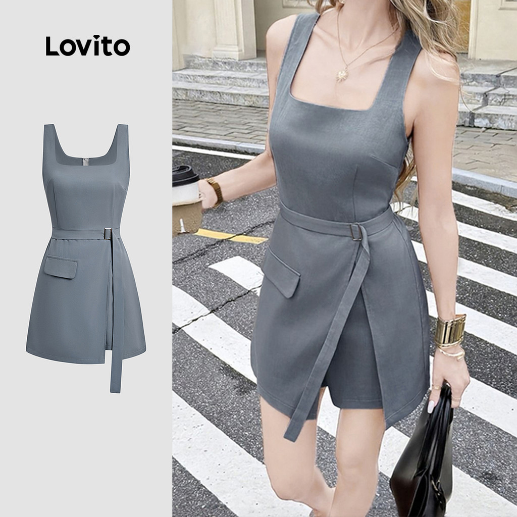 Lovito ชุดจัมป์สูทหรูหราพร้อมเข็มขัด กระเป๋า ซับในฤดูใบไม้ผลิ/ซัมเมอร์ สีเทา สำห