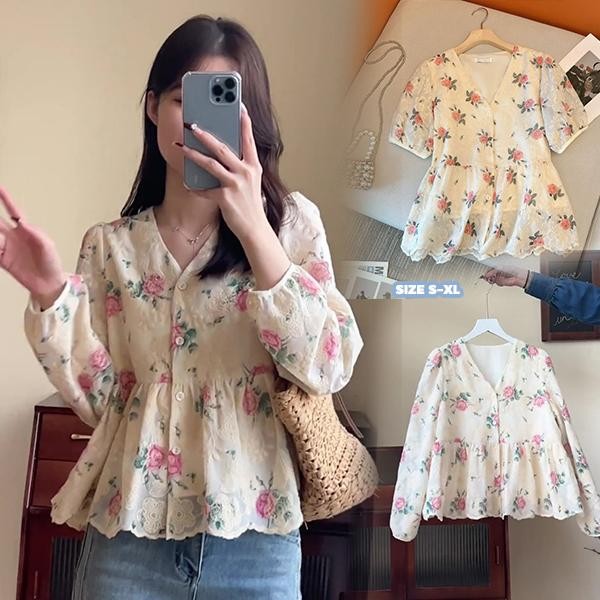 mimi&didi#เสื้อเชิ้ตปักดอกไม้ คอวี  สไตล์เกาหลี สุภาพสตรี หลวม วินเทจ เสื้อเบลาส์ เสื้อน่ารักๆ ผู้หญิง#99188
