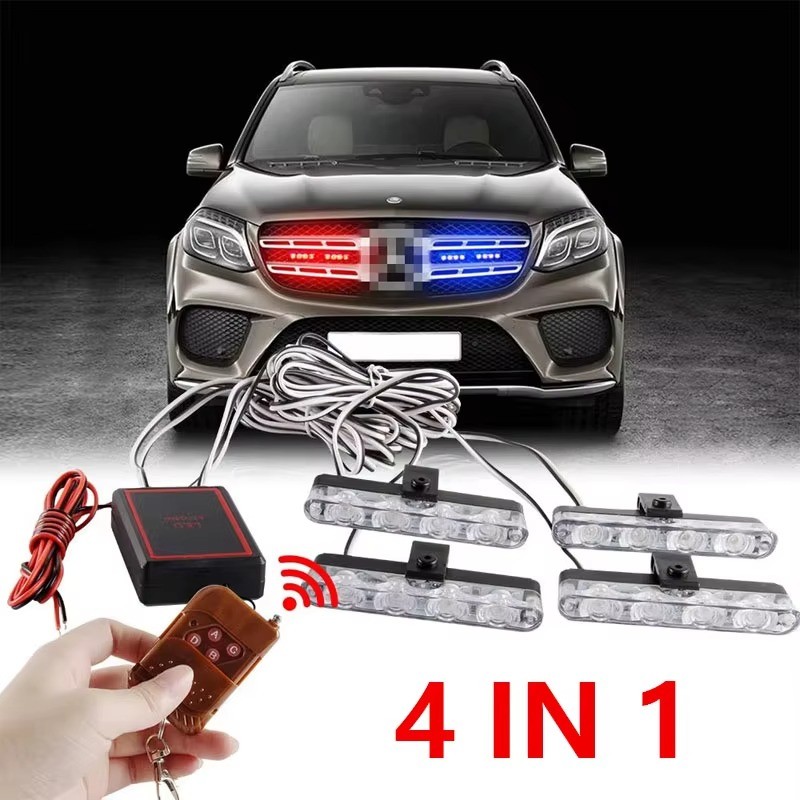 4 In 1 สีแดงสีฟ้าฉุกเฉิน Strobe ไฟตํารวจ 12V พร้อมรีโมทคอนโทรลไร้สายแฟลช Grille Light สําหรับรถยนต์รถบรรทุก Van SUV