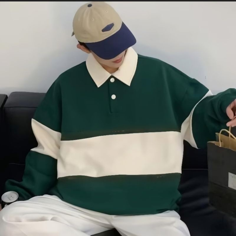 HIJAU (S - 6XL) เสื้อสเวตเตอร์คอปกโปโลขนาดใหญ่ (S - 6XL) PLAIN BASIC Crewneck ผสมสีทูโทน JaCket ผู้ช