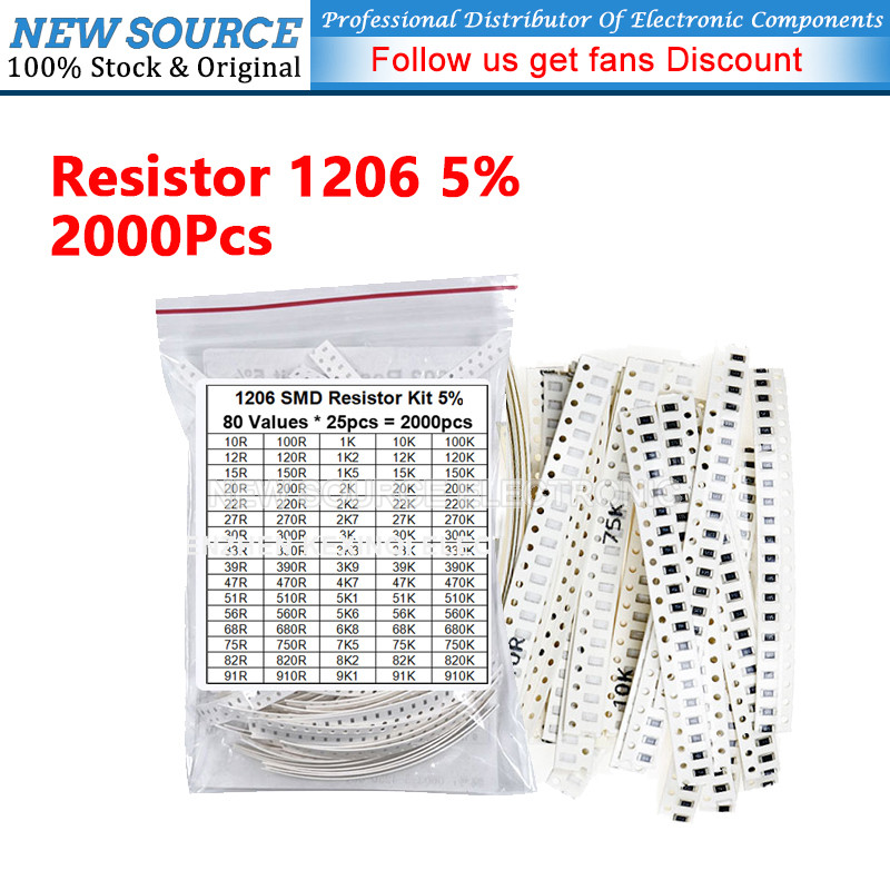 [2000PCS] 1206 SMD Resistor Assorted Kit 80ValysX 25PCS 5% 10R 910K 22R 33R 68R 47K 51R 100K 220R 33