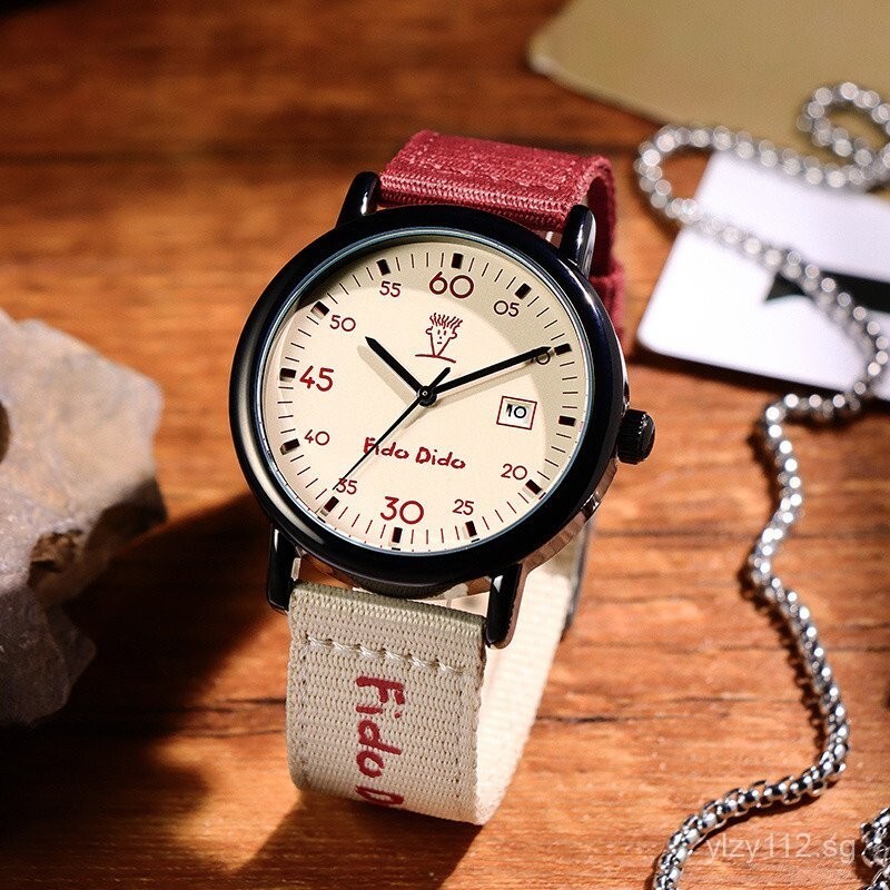 FIDO DIDO ปฏิทิน MultiFunctional ข้อมือ Fido Dido ผู้ชายและผู้หญิง Retro Workwear Sail เข็มขัดทอนาฬิ