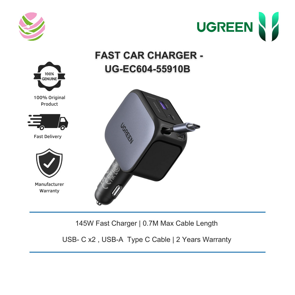 UGREEN 145W 2C1A FAST CAR CHARGER พร้อมสายเคเบิลแบบถอดเปลี่ยนได้ - UG-EC604-55910B