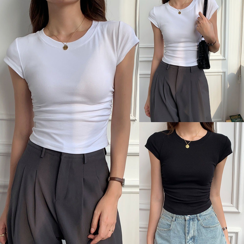 Hotgirl พร้อมส่งจากกทม เสื้อยืดสีขาวสไตล์เรโทรสไตล์อเมริกัน เสื้อยืดคอกลมแขนสั้น การออกแบบเอว